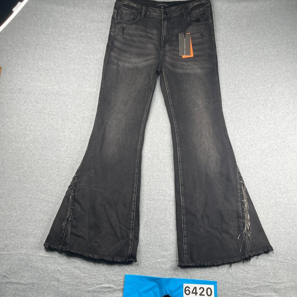 Risen Mid Rise Rhinstone Detailed Wide Flare Jeans Womens Size 32W Black NEW NWT